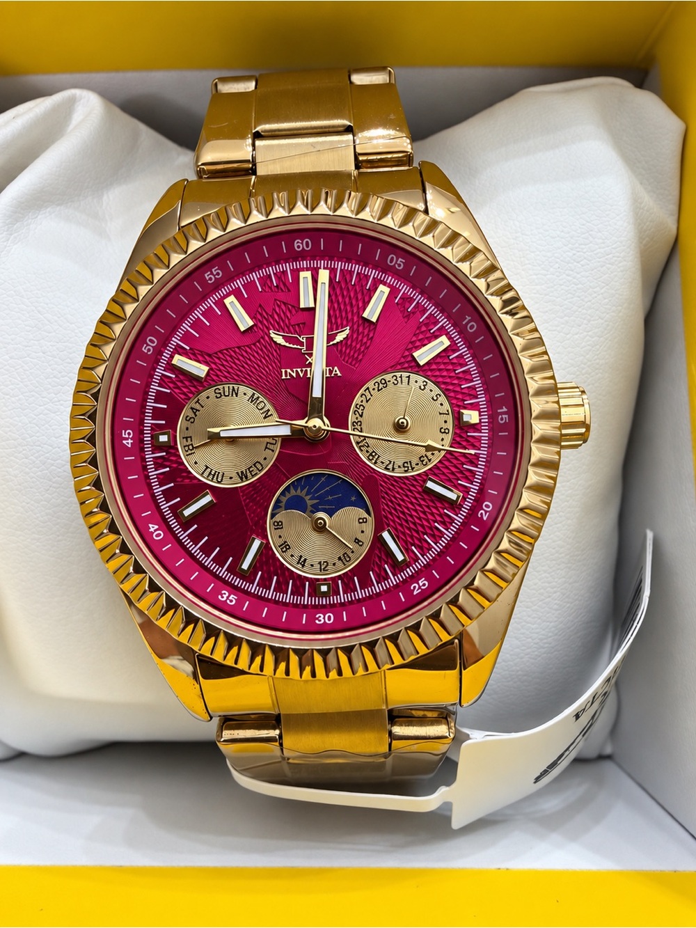 Invicta Specialty I Gold Tone Watch with Fuchsia Pink Dial and Gold Subdials